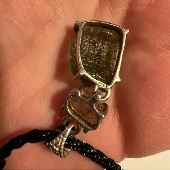 Genuine Czech Moldavite & Herkimer Diamond Quartz Pendant .925 Sterling Silver - Picture 5 of 9